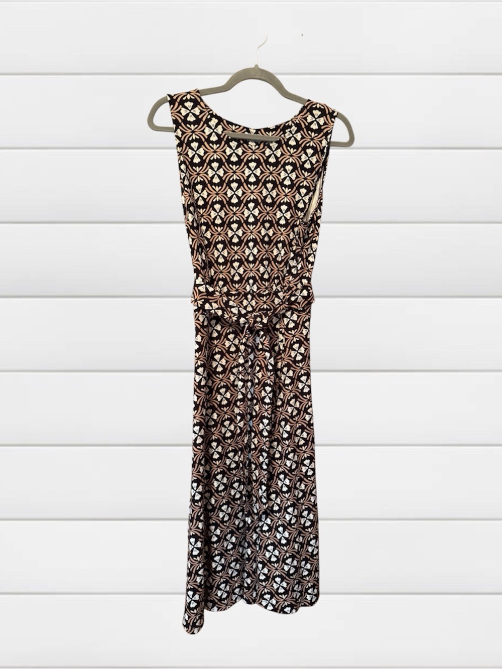 Croft & Barrow Large Sleeveless Cotton Midi Dress Tie Belt Black Cream Camel